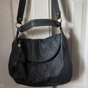 Onna Ehrlich Rich Dark Gray Leather Shoulder Bag with Gold Tassel